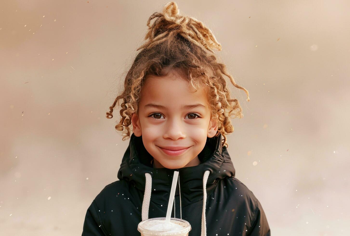 AI generated toddler toddler boy smiling, drinking shake using straw, smiling with big eyes and standing up photo
