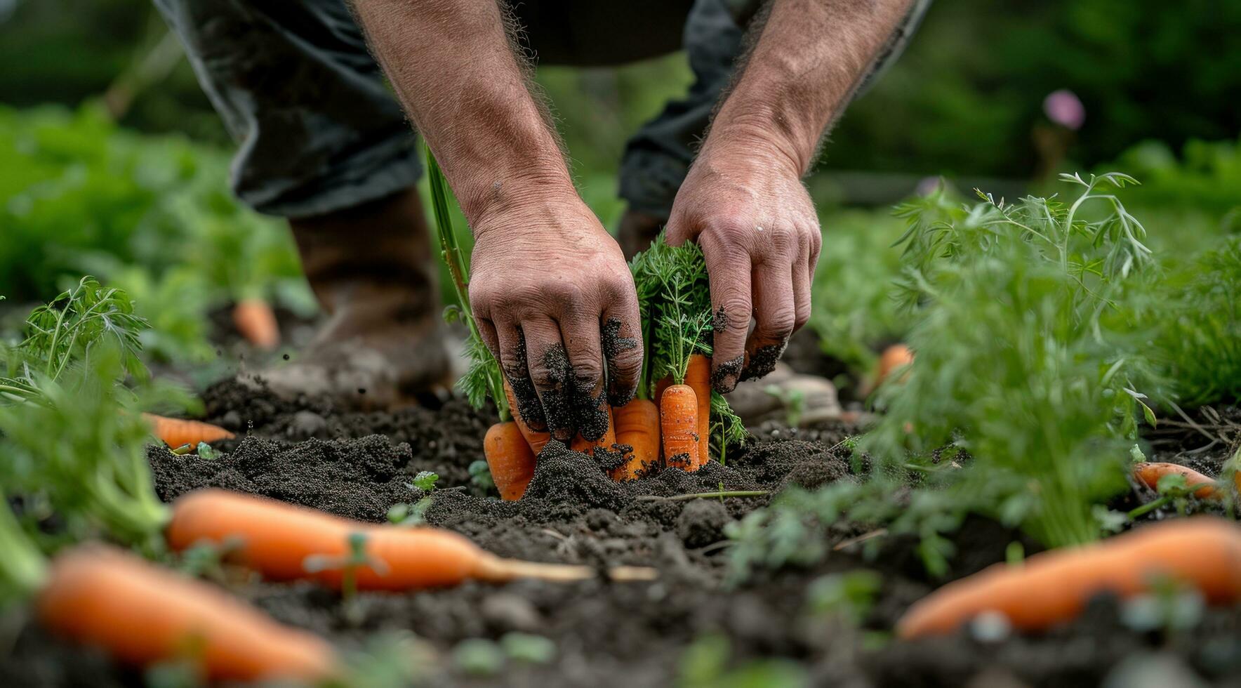 AI generated a man picking up carrots in the dirt photo