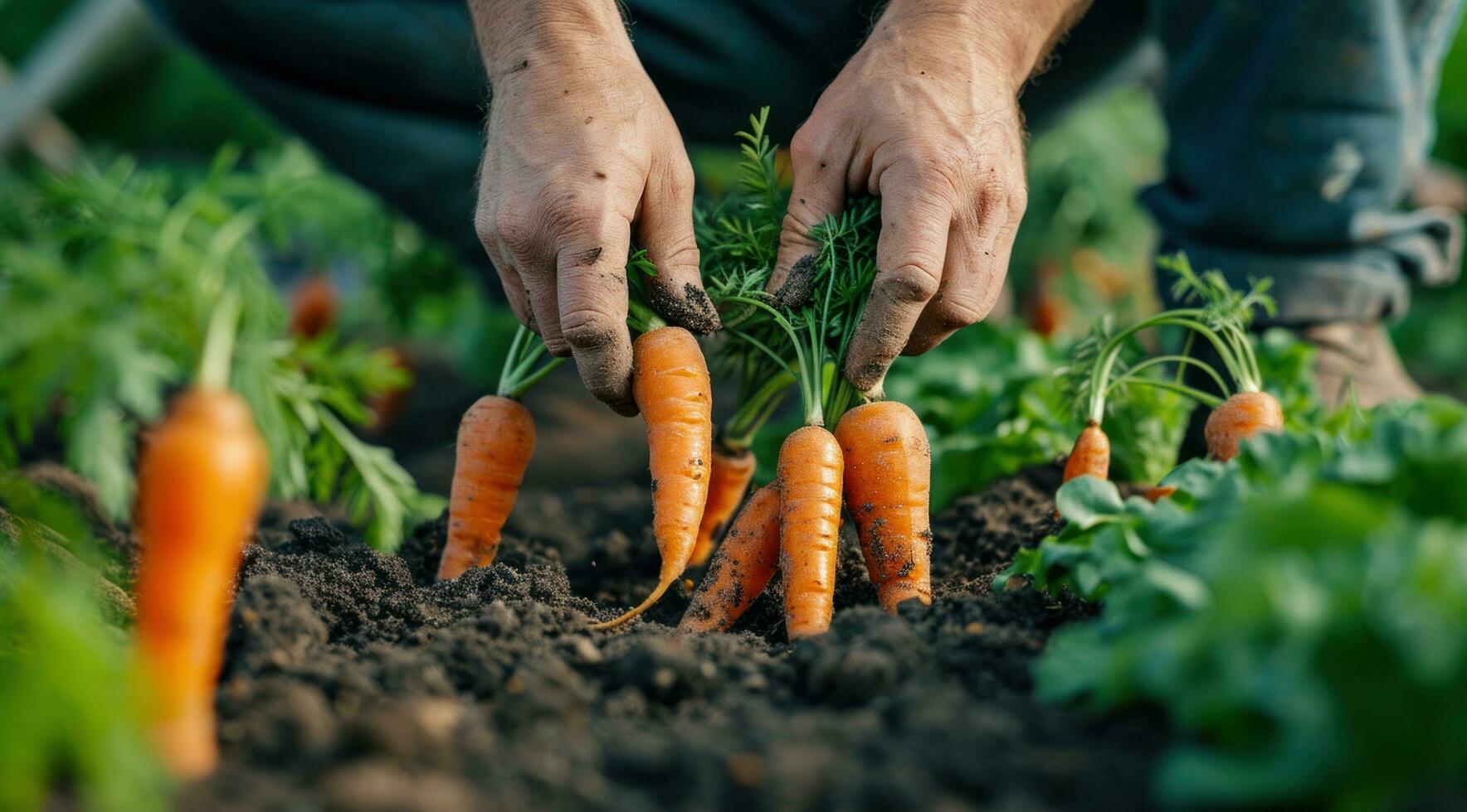 ai generado un hombre cosecha arriba zanahorias en el suciedad foto