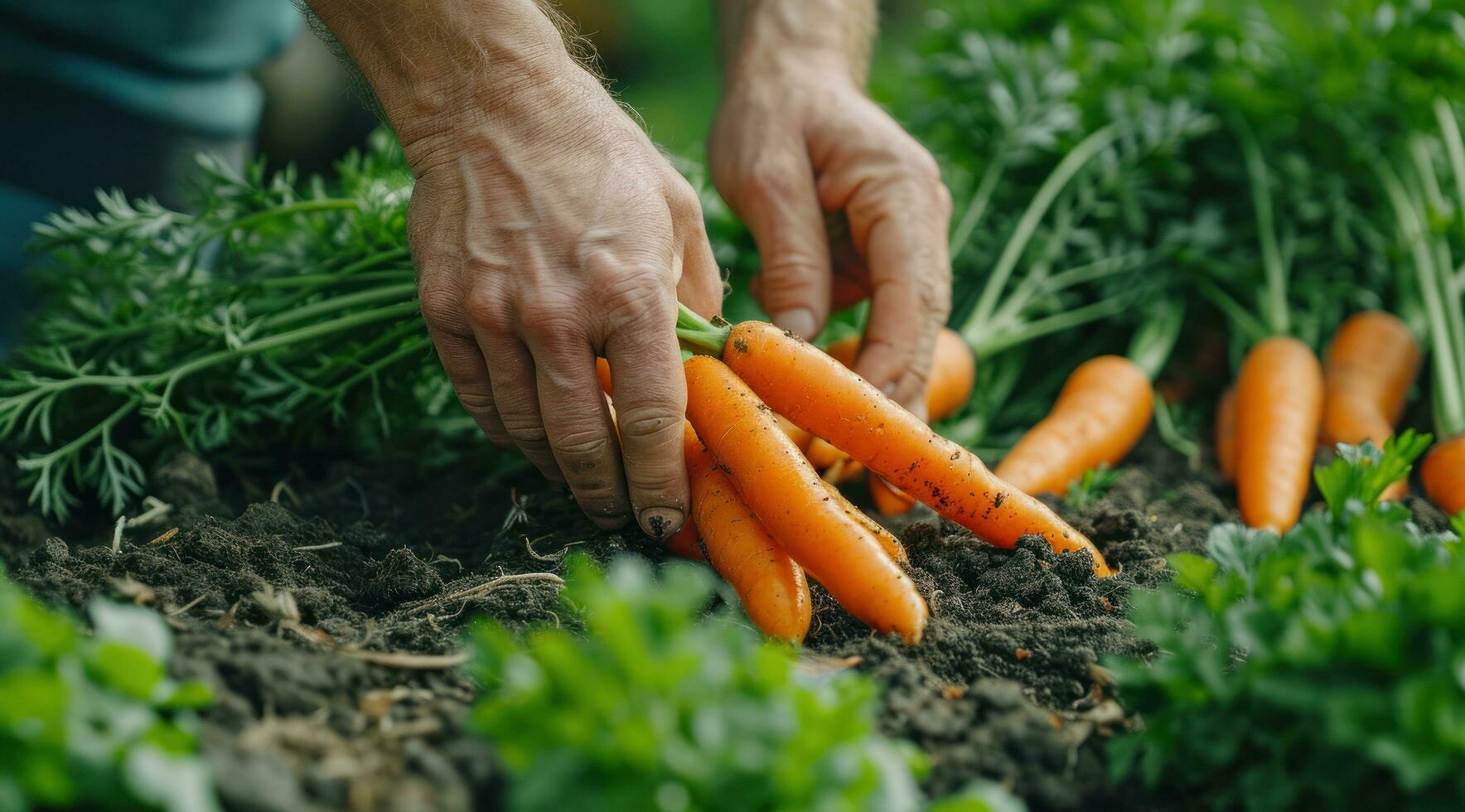 AI generated a man picking up carrots in the dirt photo