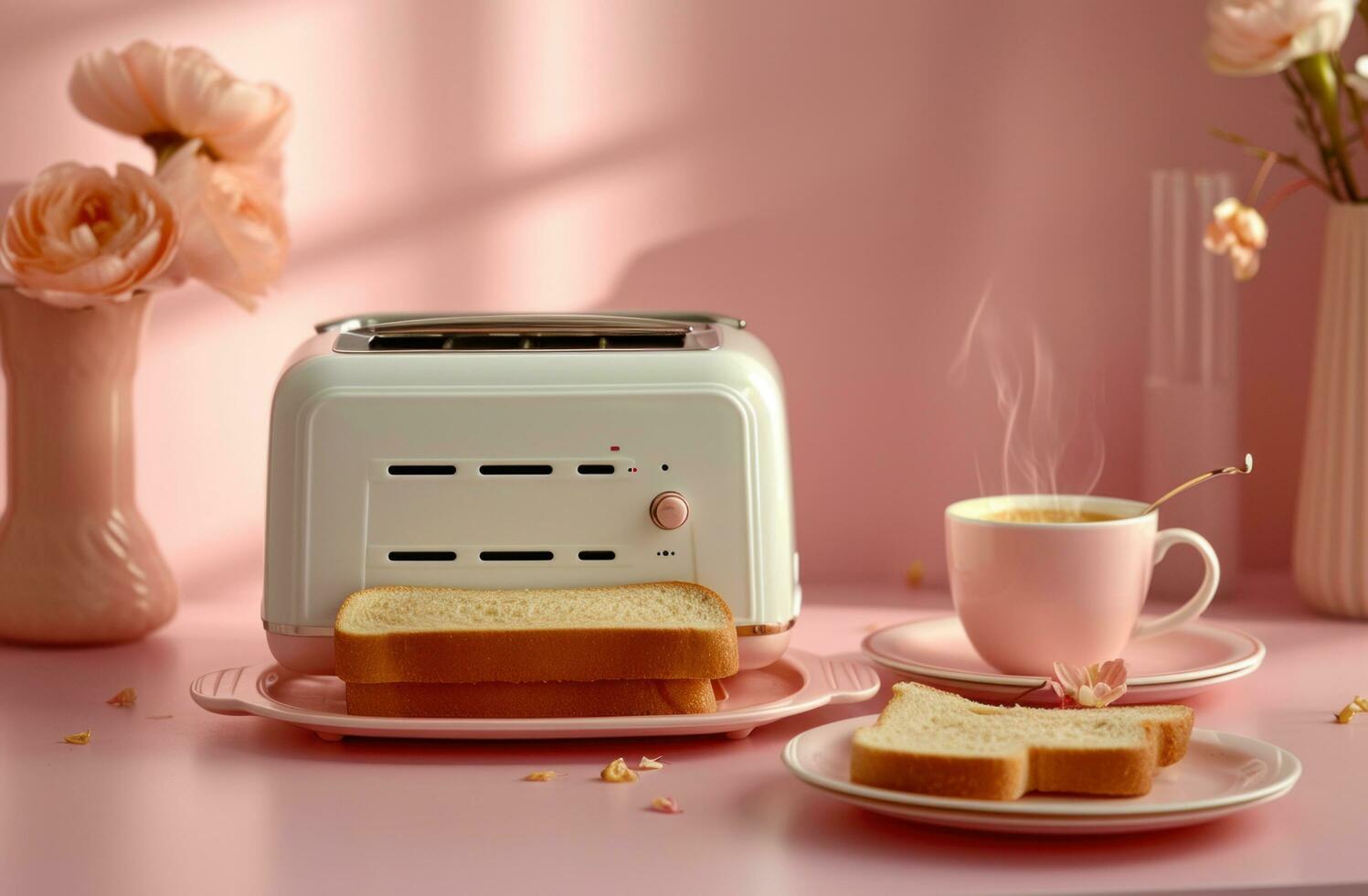 AI generated white toaster with sliced bread and trays of coffee photo