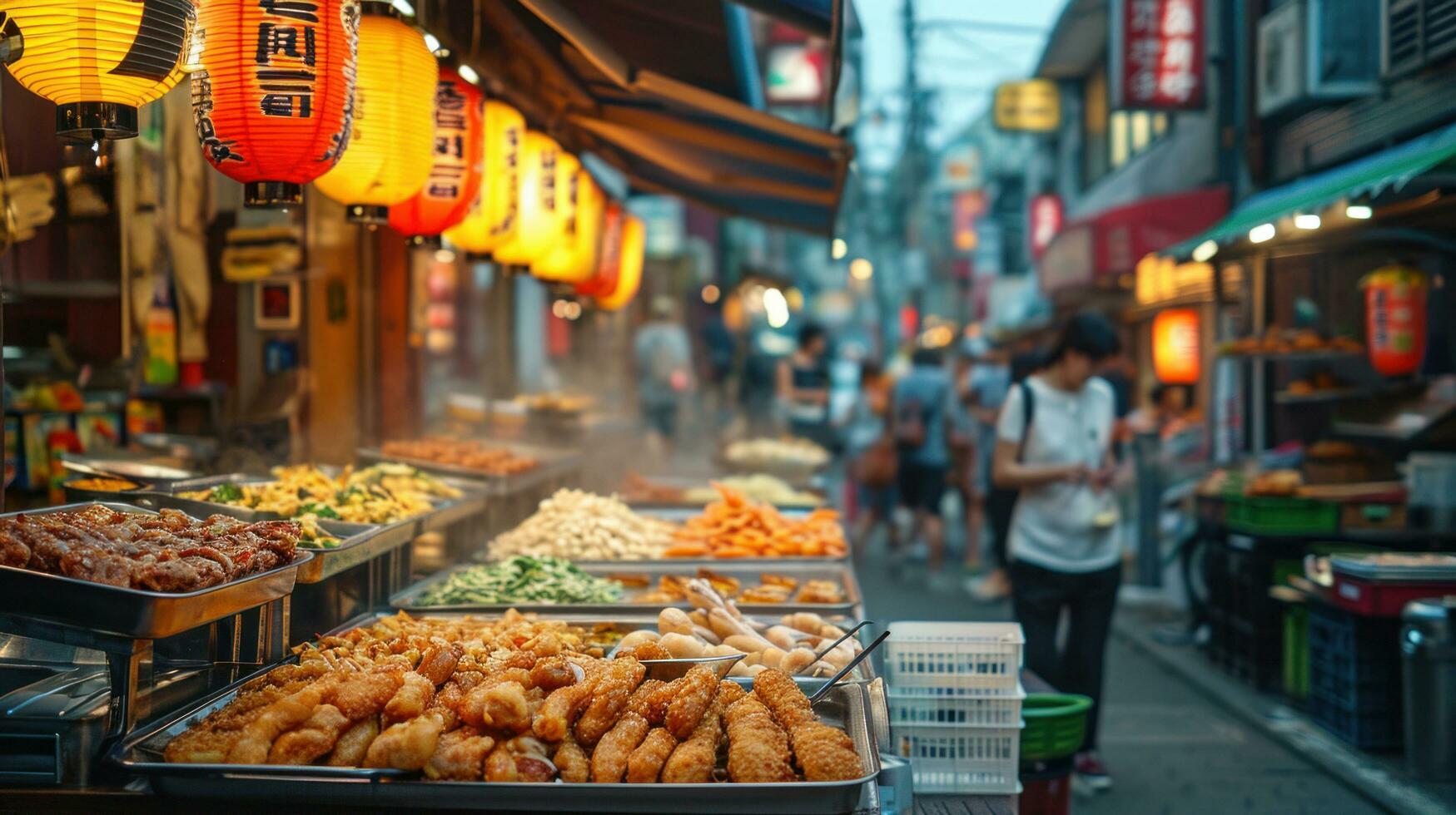 AI generated A bustling street showcasing an array of mouthwatering street food specialties and snacks photo