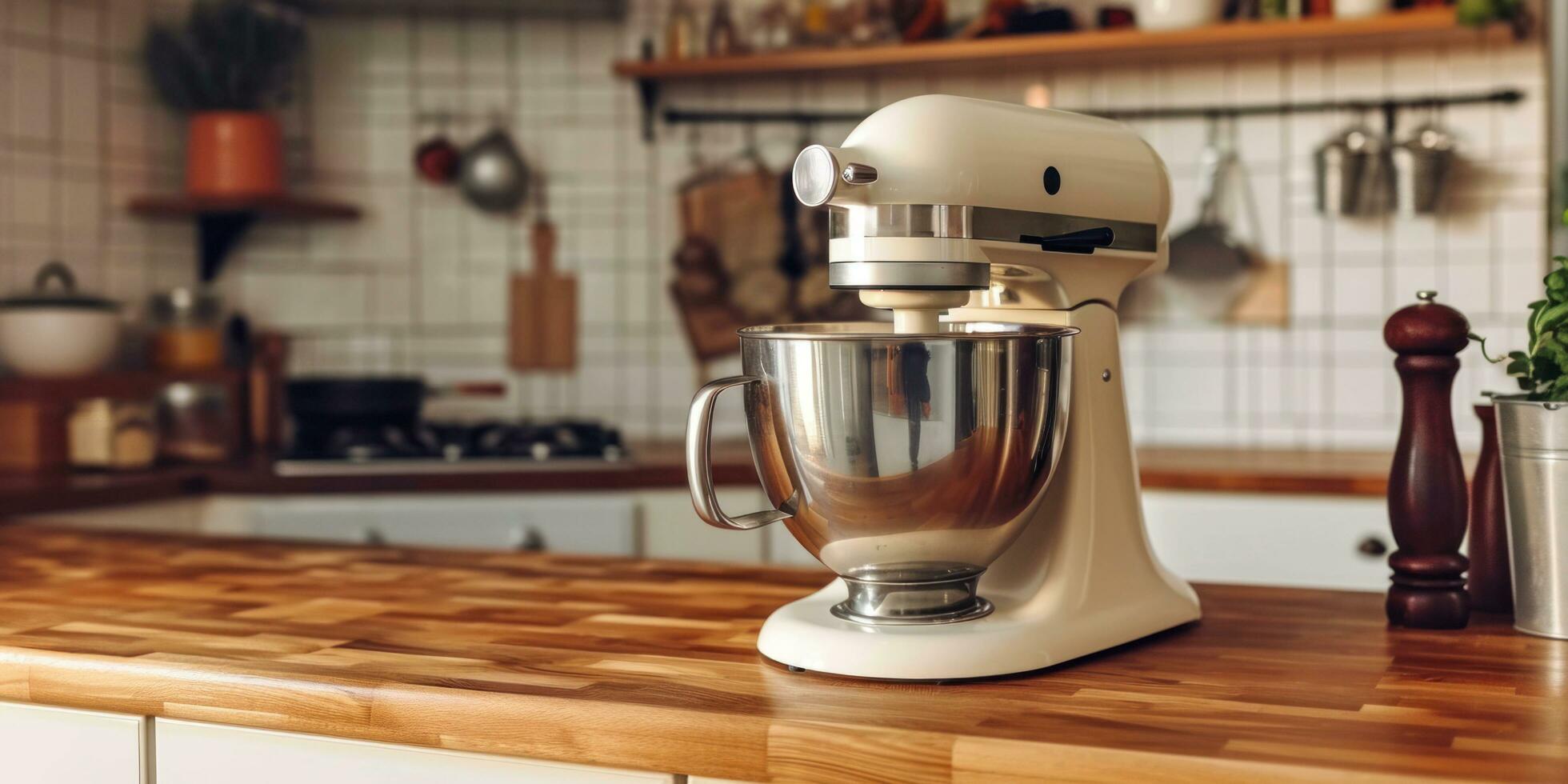 AI generated a kitchen mixer with a wooden top is sitting on top of a wooden counter photo