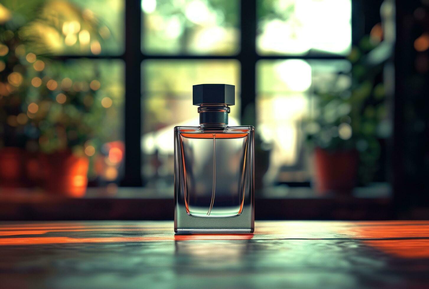 AI generated a bottle of perfume on a shelf in the distance photo