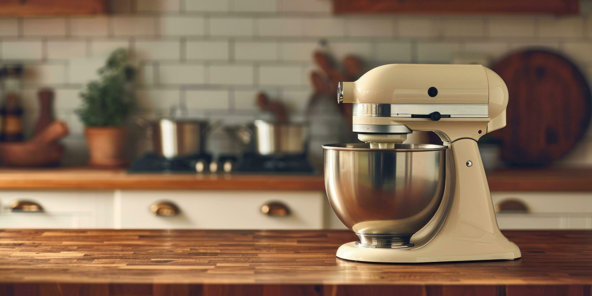 AI generated a kitchen mixer with a wooden top is sitting on top of a wooden counter photo