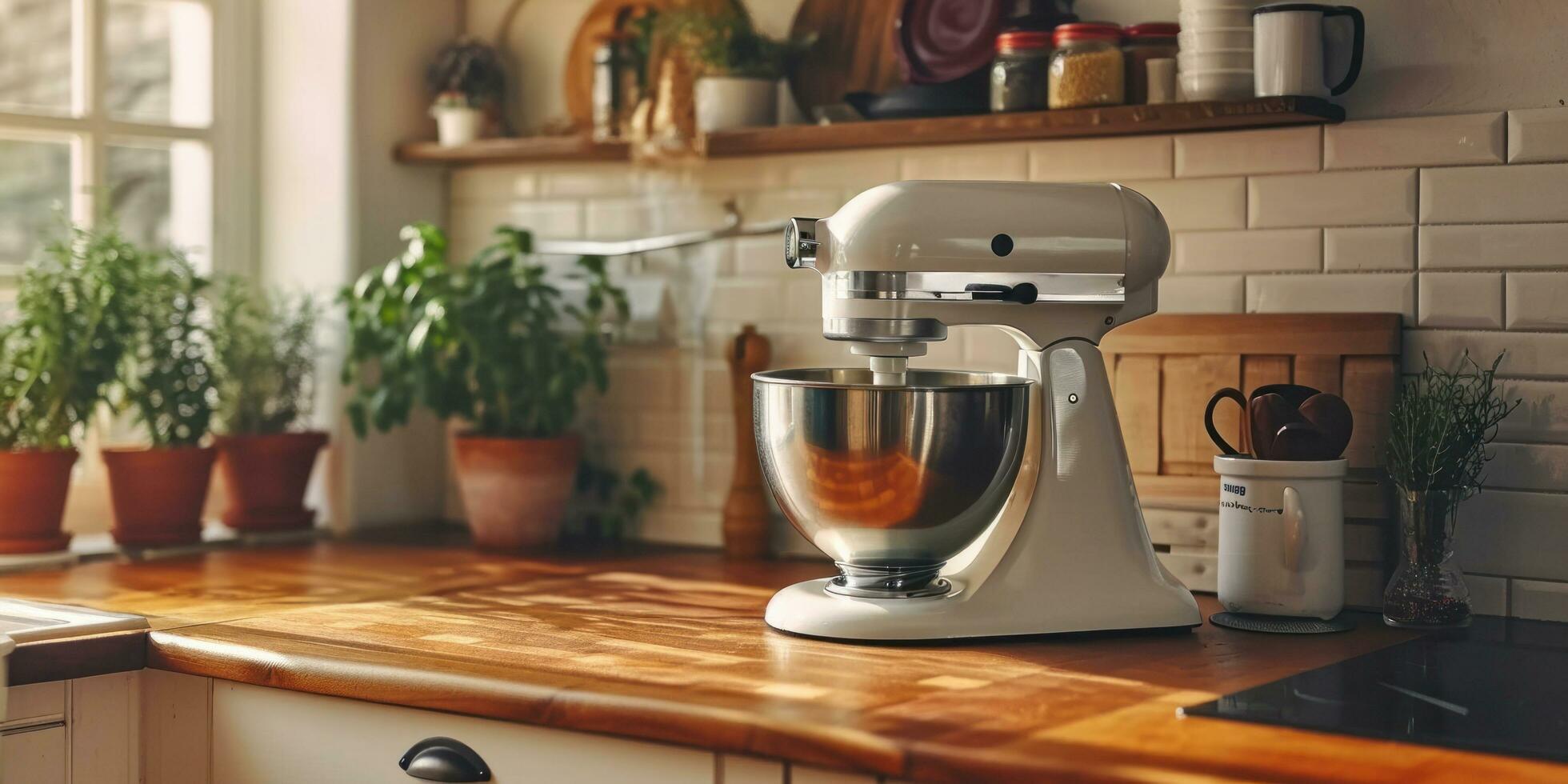 AI generated a kitchen mixer with a wooden top is sitting on top of a wooden counter photo