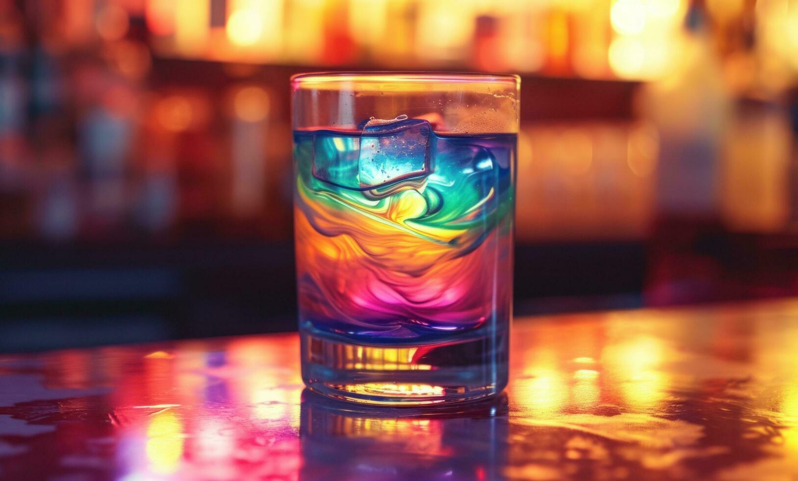 ai generado un bebida con arco iris remolinos sentado en un cóctel vaso foto