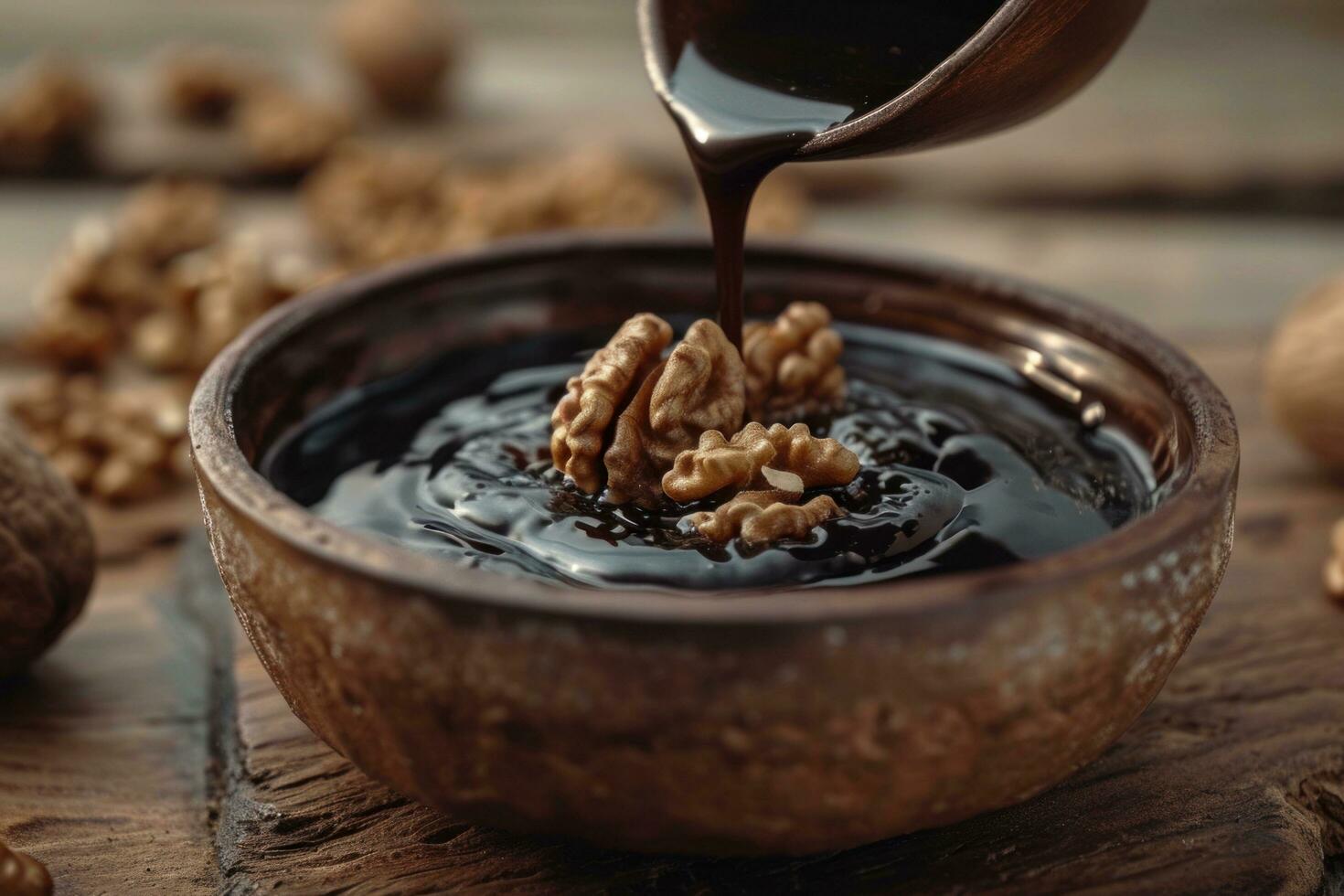 AI generated a shot of almond syrup with walnuts photo