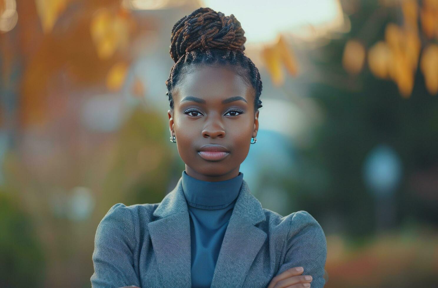 AI generated an attractive young black woman standing outdoors with her arms folded photo