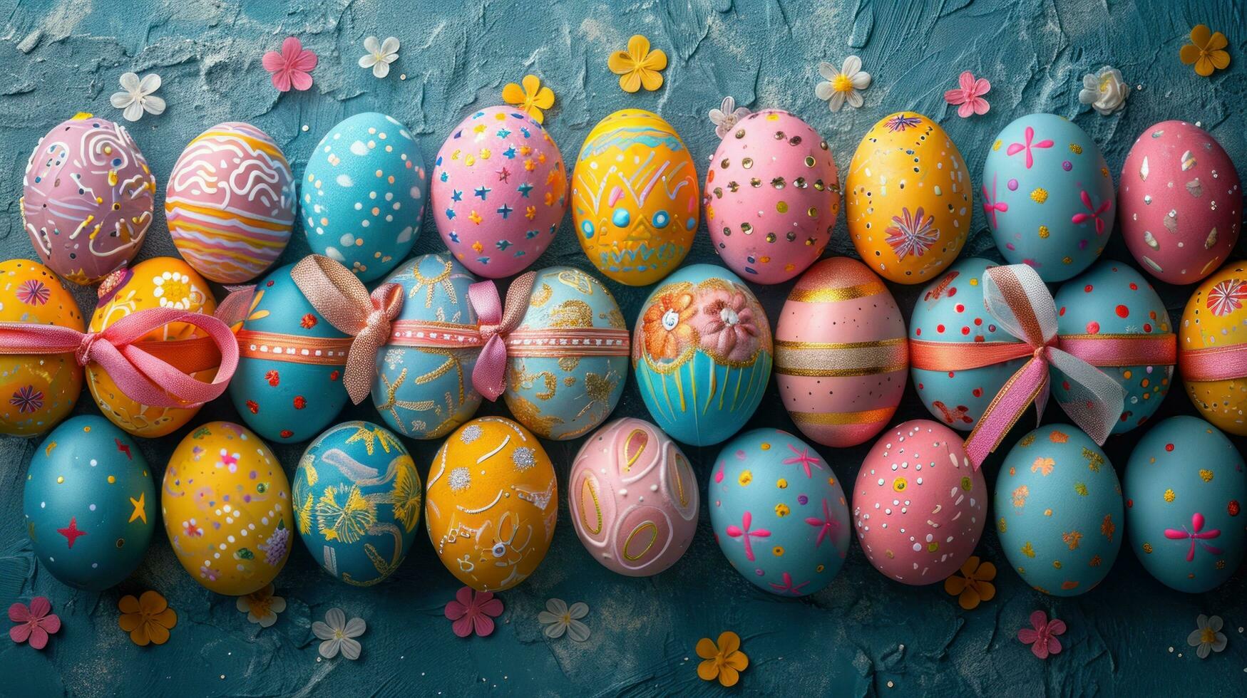 AI generated A colorful array of decorated eggs, ribbons, and festive Easter delights photo