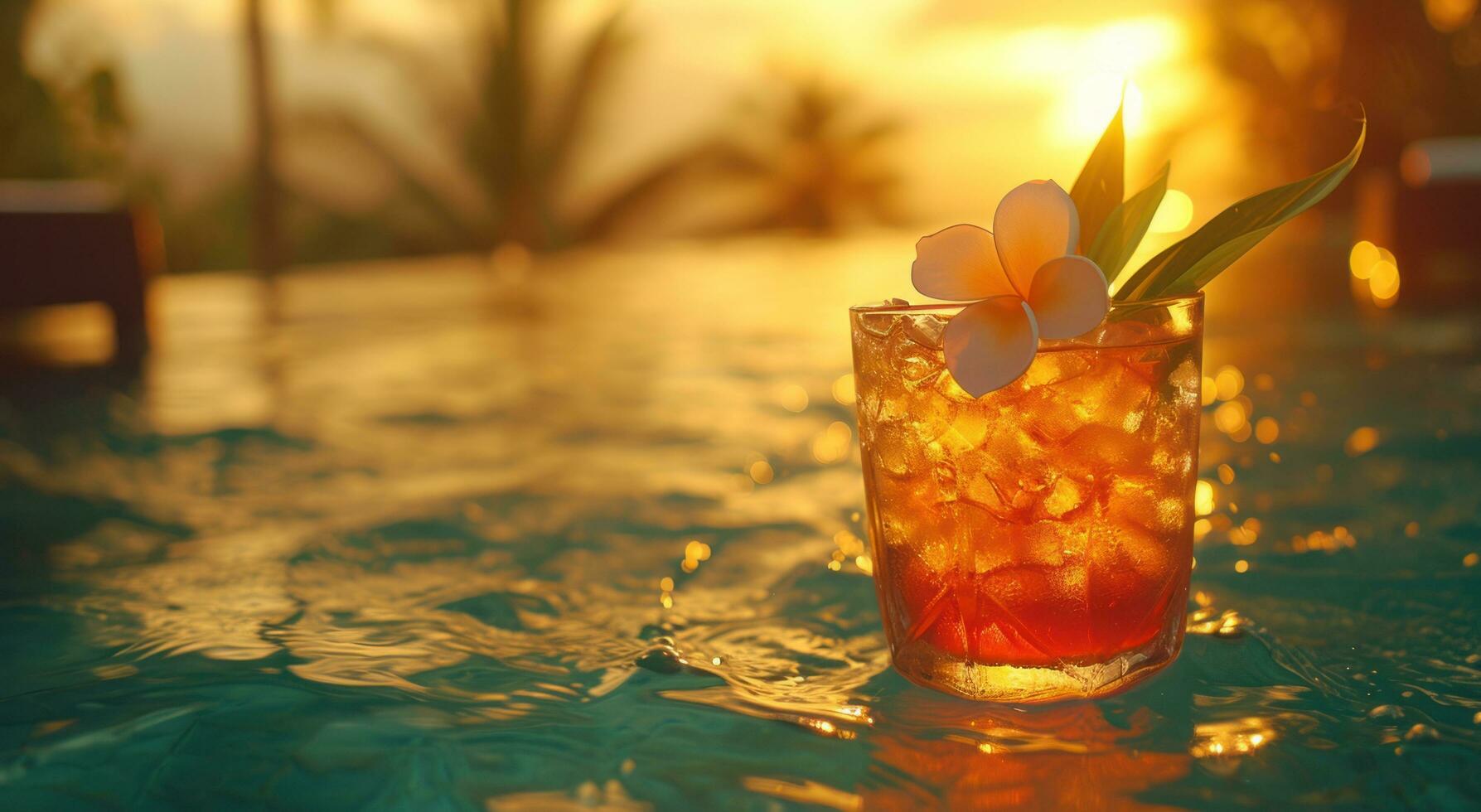 ai generado un hombre con un flor en parte superior de un bebida por un piscina foto