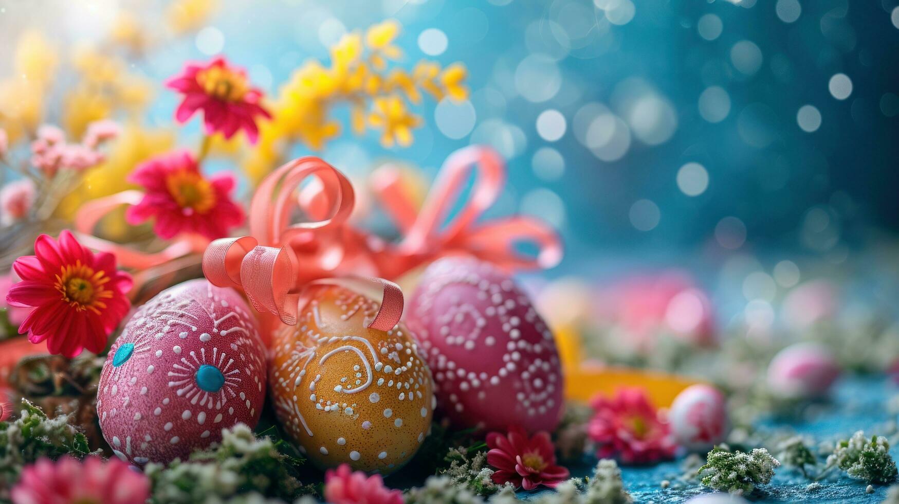 ai generado un vistoso formación de decorado huevos, cintas, y festivo Pascua de Resurrección delicias foto