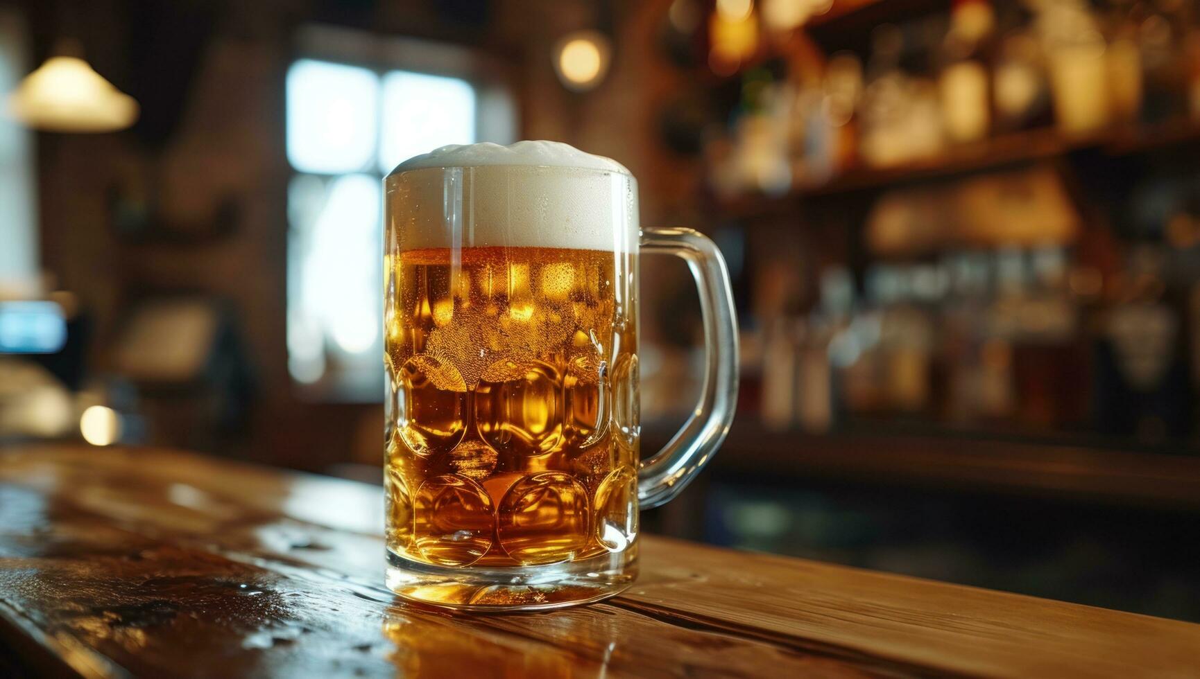 AI generated a mug of beer at a bar in front of people photo