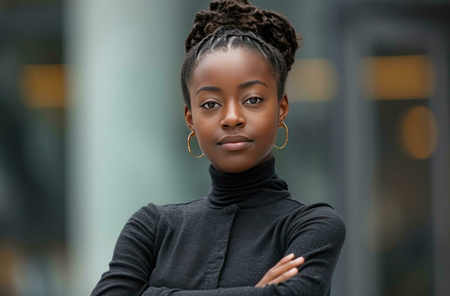 AI generated an attractive young black woman standing outdoors with her arms folded photo