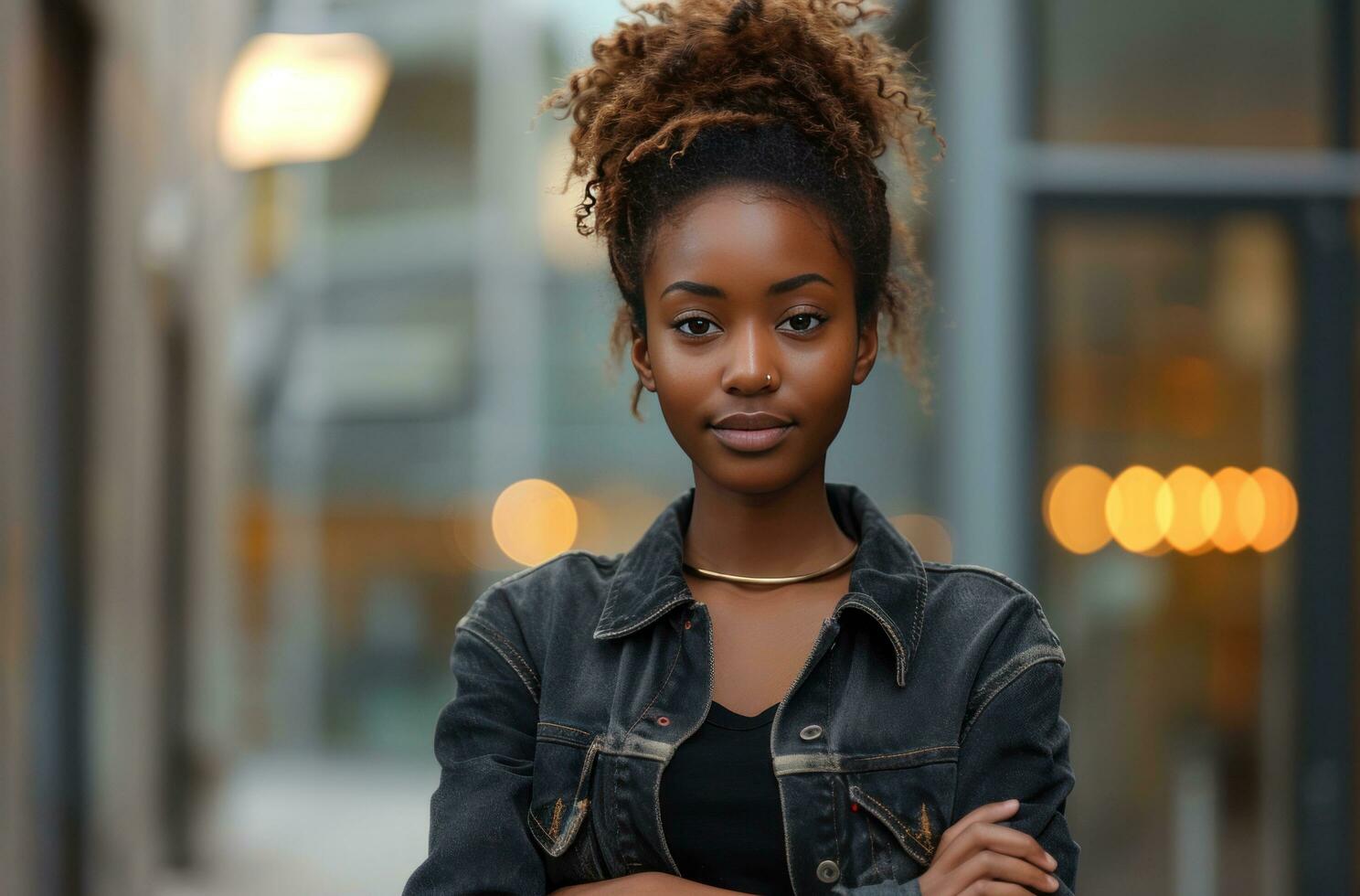 AI generated an attractive young black woman standing outdoors with her arms folded photo