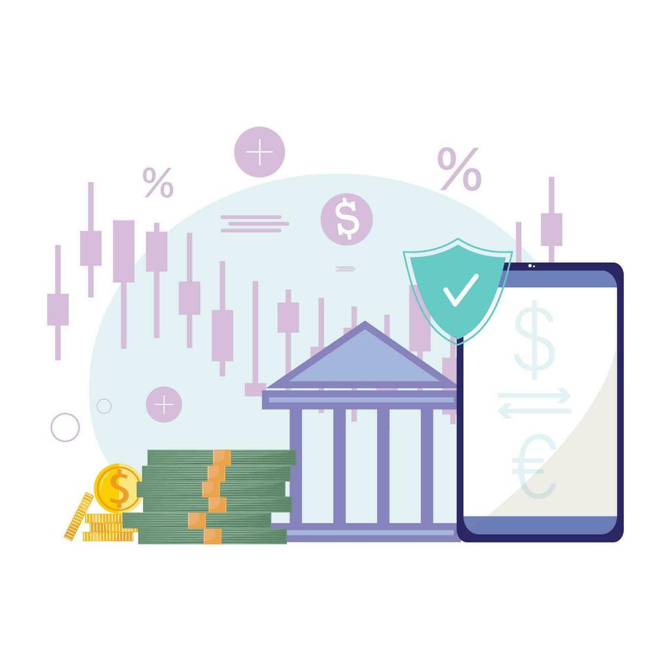 Currency exchange and forex trading depicted in this illustration. Charts, a bank building, a secure mobile app, and a shield symbolise the dynamics of secure money transfer vector