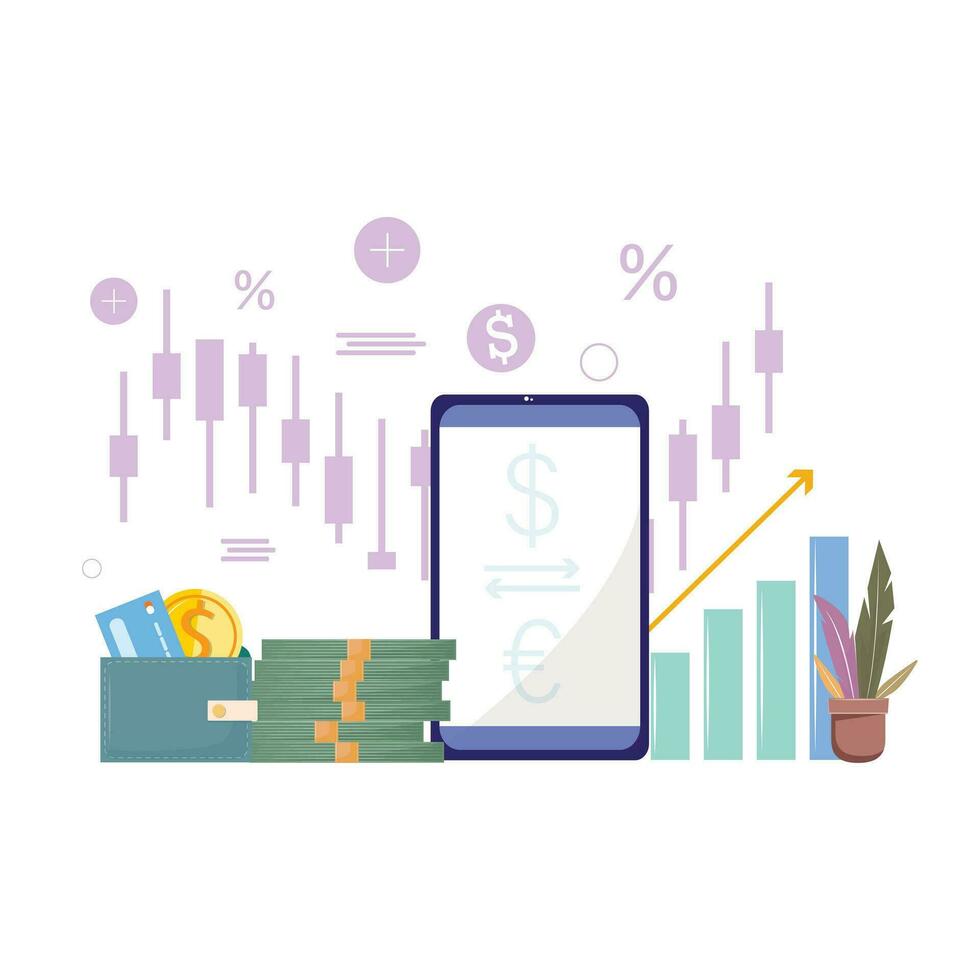 resumen ilustración de moneda intercambio, forex comercio. grande Teléfono móvil con móvil solicitud muestra moneda intercambio, proteger, dinero. vector