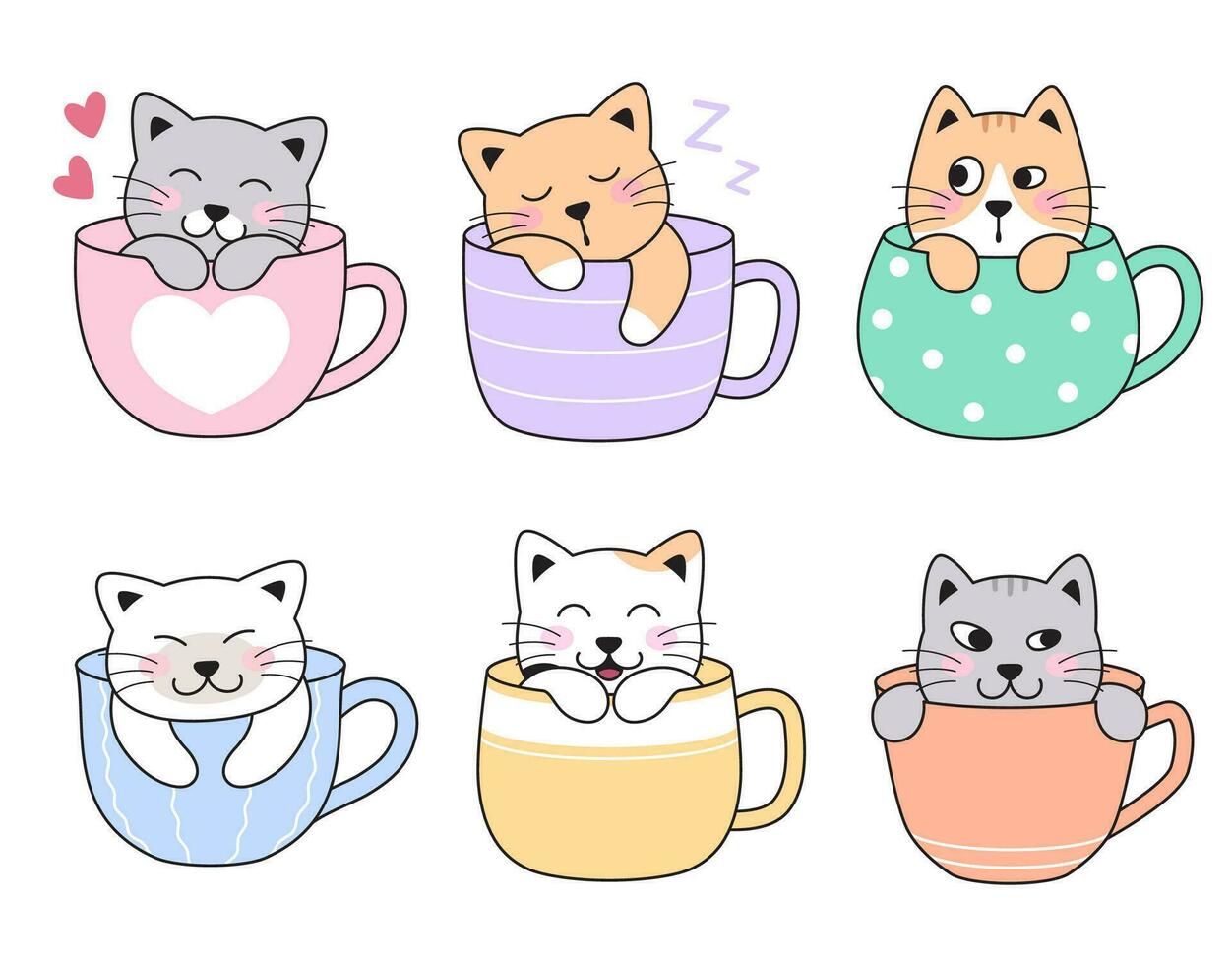 Cute cats, kittens in tea, coffee cups, mugs. Sleeping, hiding, happy, love pets. Set of simple cartoon vector drawings.