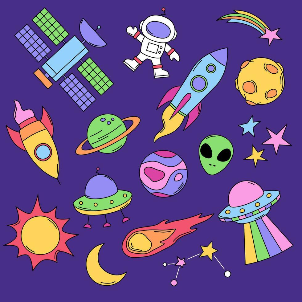 Space, cosmic planets, rockets, ufo vector illustrations. Set of cartoon, comic style drawings