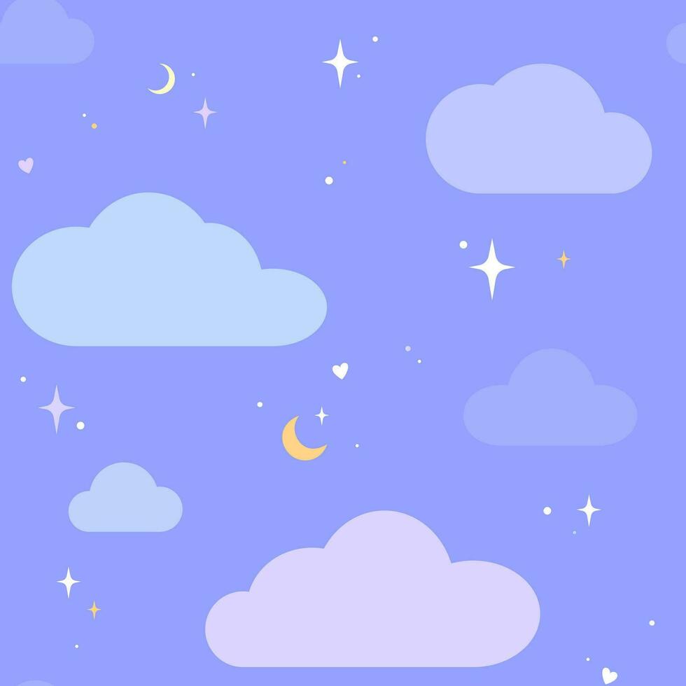 Sky with clouds, moon, twinkle stars and hearts seamless pattern. Cute dreamy background, vector children, kids illustration.