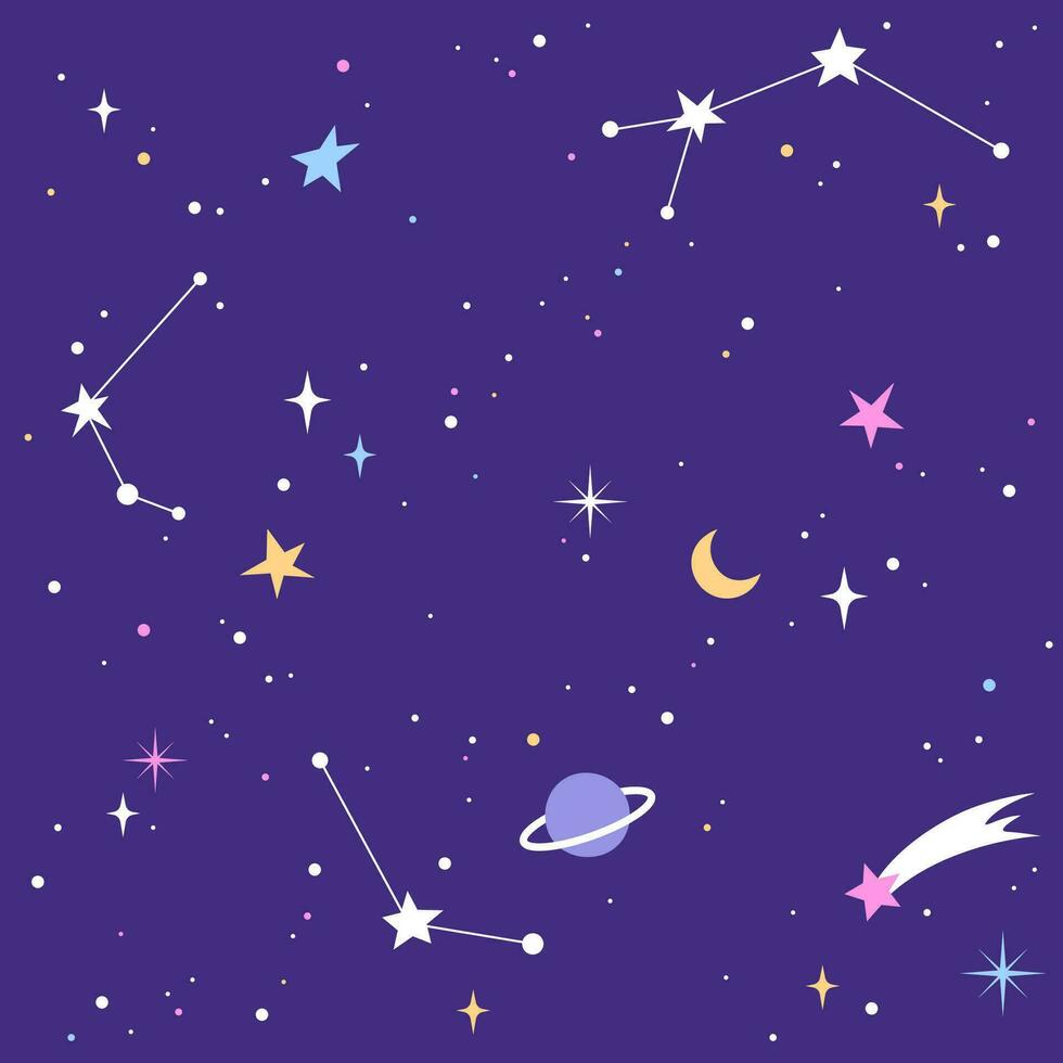 Stars and constellations seamless pattern. Simple space background. Night sky, cosmic illustration, vector drawing.
