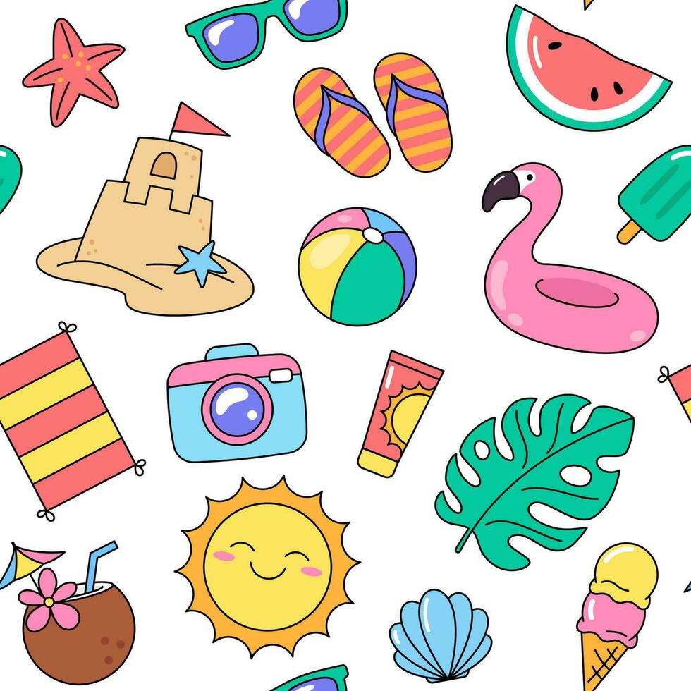 Summer, vacation, holiday, beach accessories and objects seamless pattern. Cartoon drawings and illustrations. Vector background