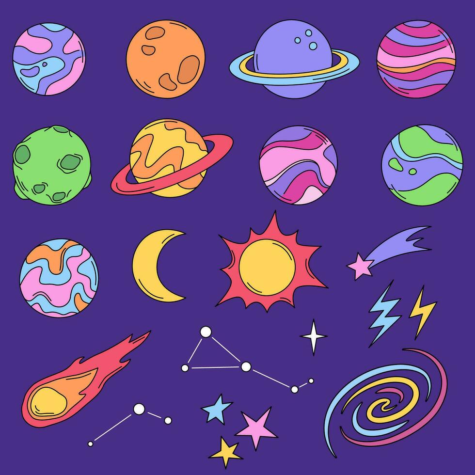 Planets, stars and space objects, cosmic vector illustrations. Set of cartoon drawings, doodles.