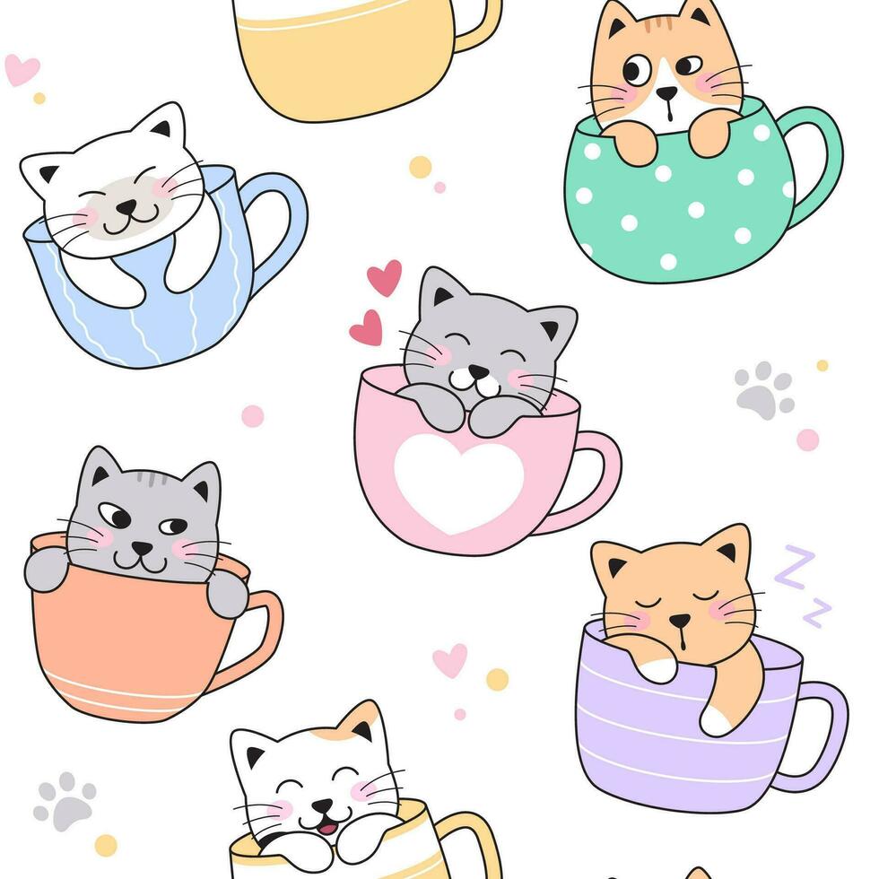 Cute cats, kittens in tea, coffee cups, mugs. Seamless pattern, background. Sleeping, hiding, happy, love pets. Simple cartoon vector drawings.