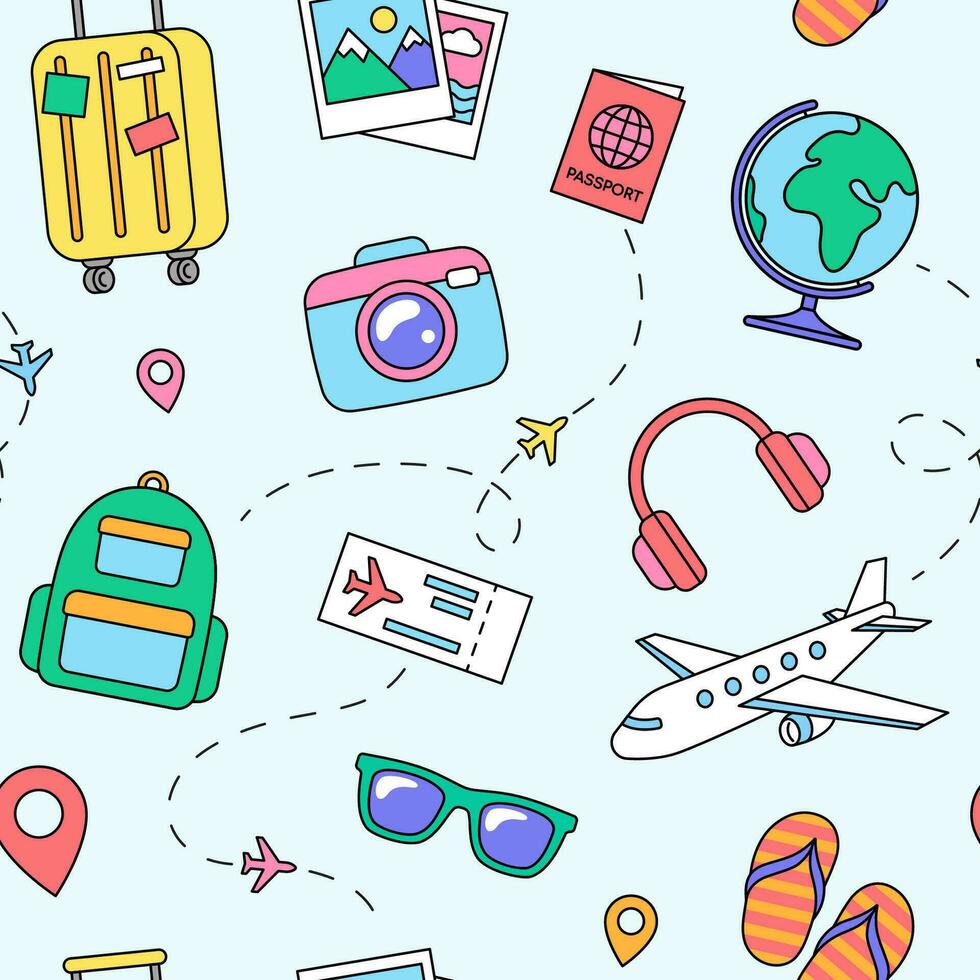 Travel and vacation objects, icons and accessories seamless pattern. Holiday cartoon illustrations background. Vector drawing