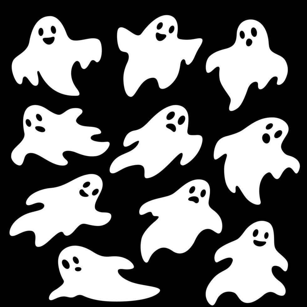 Set of simple cute sheet ghost characters, vector illustrations. Halloween spooky drawings.