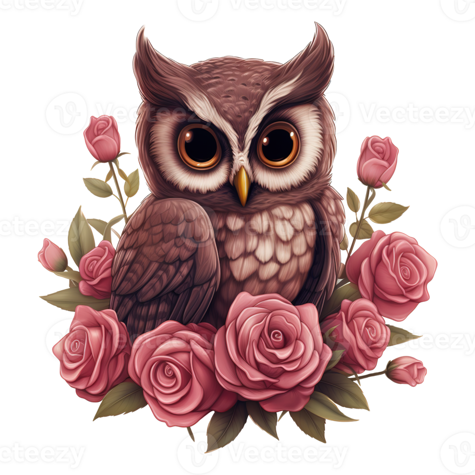 AI generated Owl Sitting on a Branch of Roses. AI Generated Image png