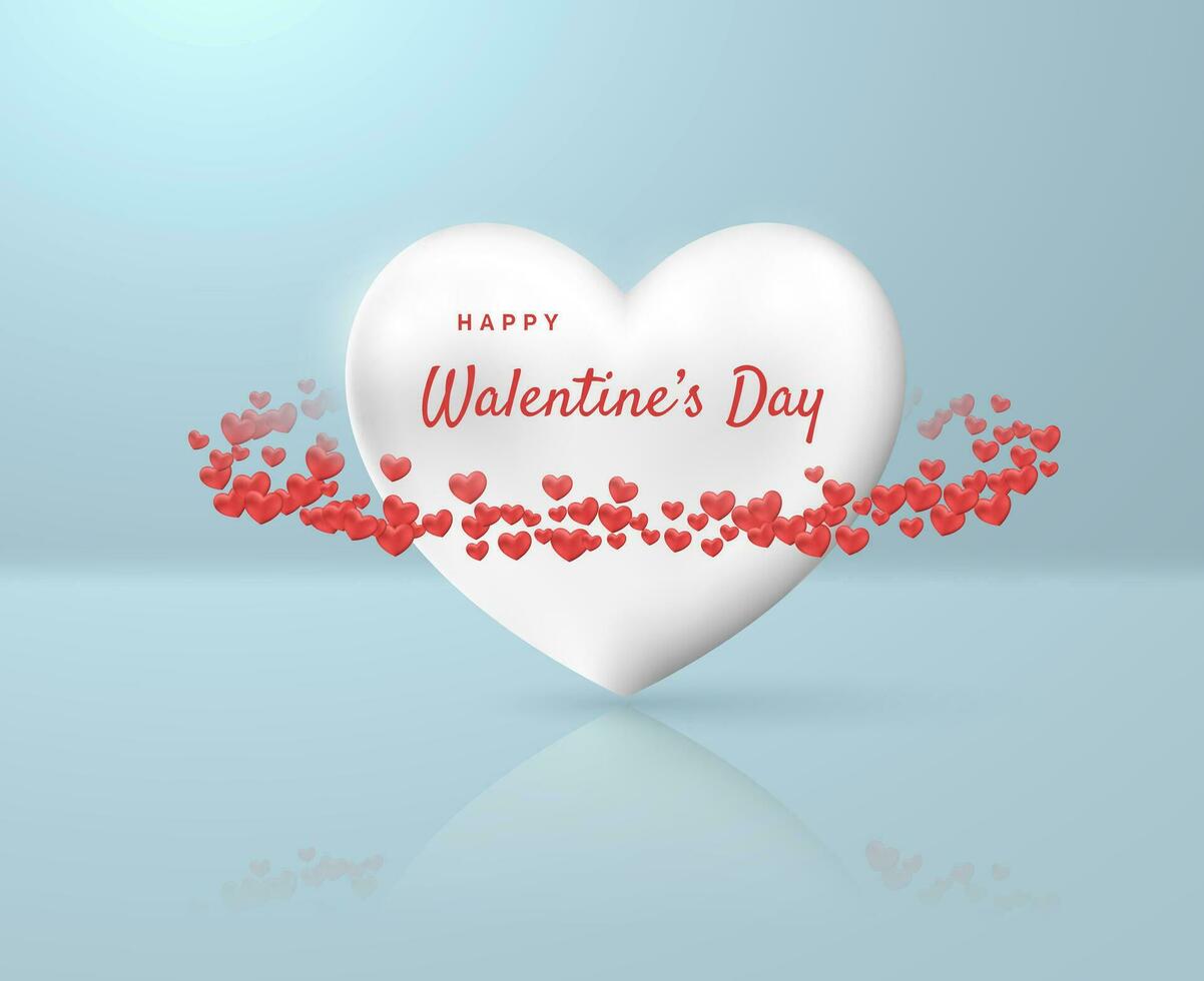 contento San Valentín día póster o vale. pequeño rojo corazones mosca alrededor un grande blanco corazón. vector ilustración.