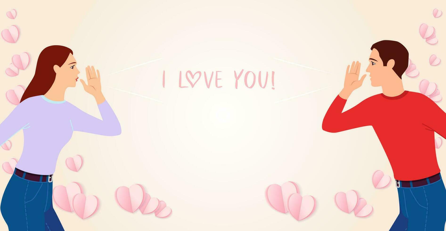 Couple standing far from each other and shouting I love you, social distancing concept. Valentine's Day greetings vector