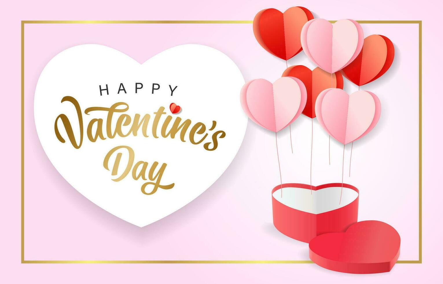 contento San Valentín día tarjeta con corazón conformado regalo caja y papel corazones. vector