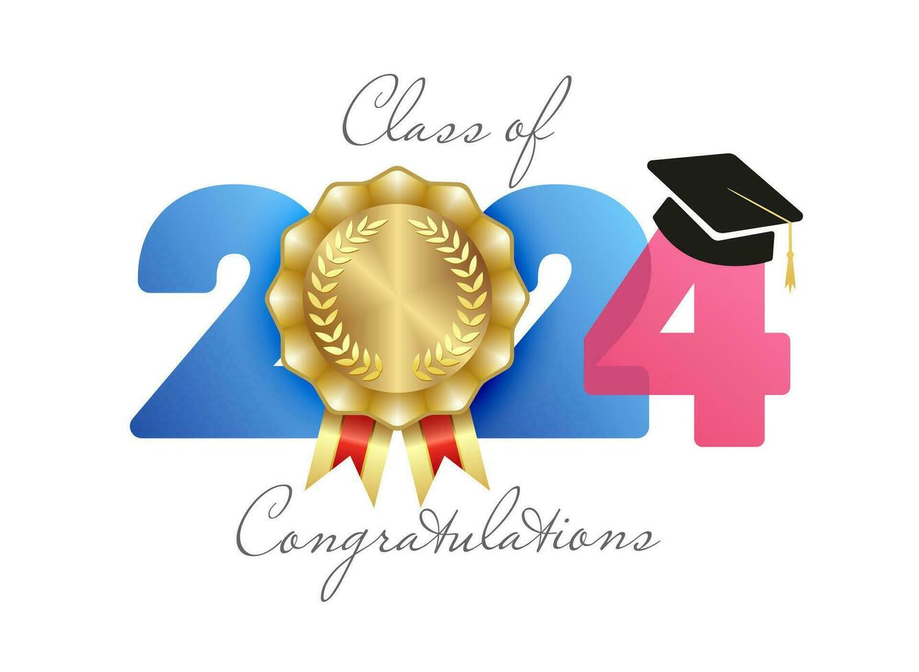 Class of 2024 congrats graphic banner. Educational symbol. Congratulations graduates number icon with golden medal. Gold rosette design. Creative sign with graduating cap. Diploma element. Badge idea. vector