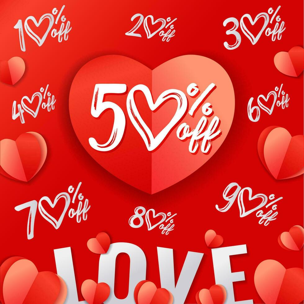 Set of creative discounts for Valentine's Day, wedding shopping, Women's or Mother's Day Sale. Up 10 to 90 percent off. Red background with 3D paper hearts vector