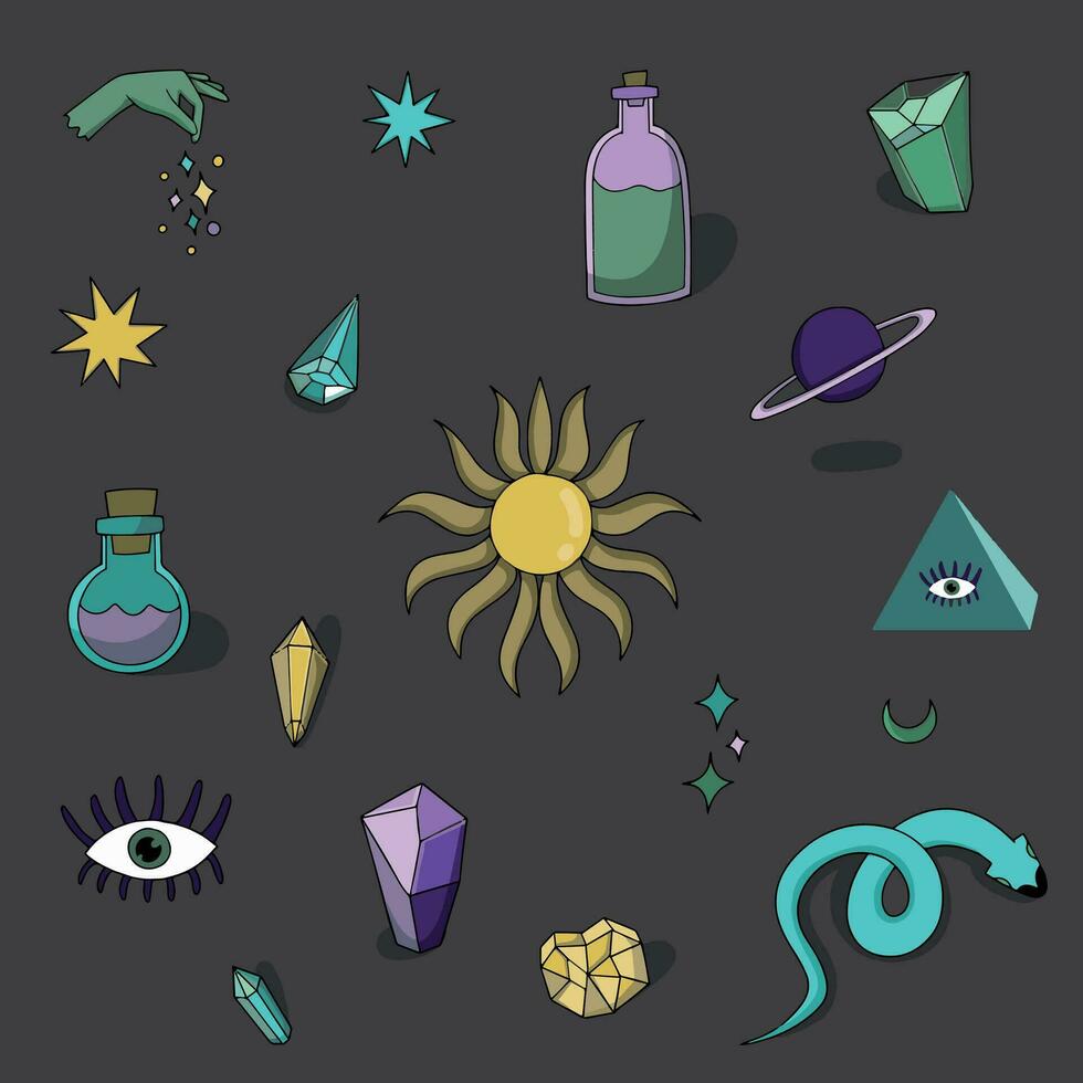 Mystic items. Doodle esoteric mystical elements. Magic and alchemy. occult illustrations vector