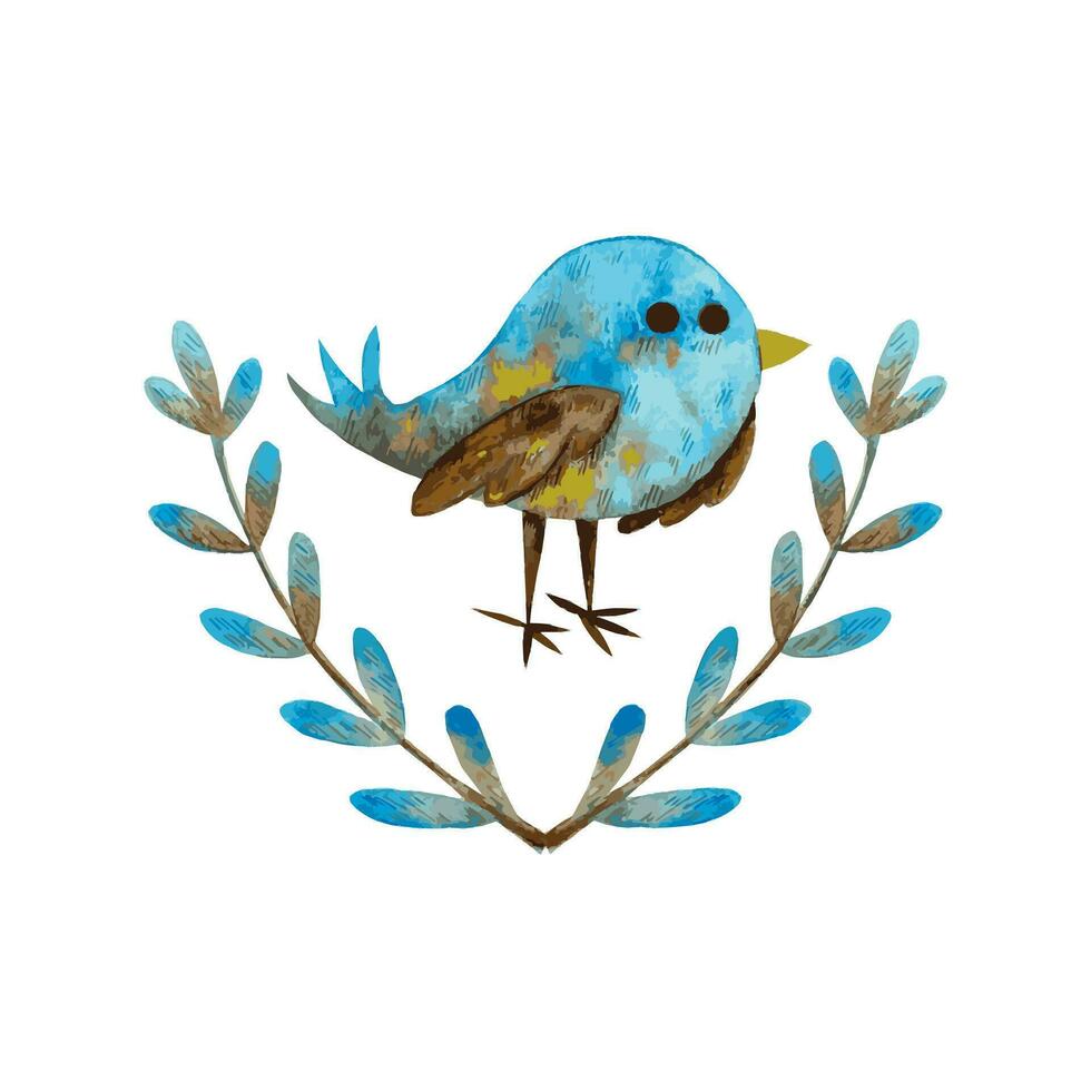 Blue bird surrounded with branches. watercolor design element vector