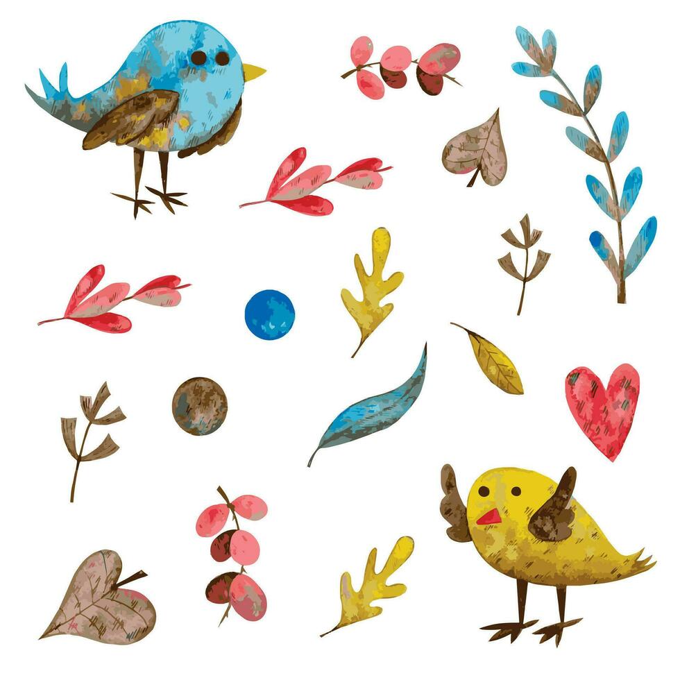 Watercolor collection of birds characters and different greens and branches vector