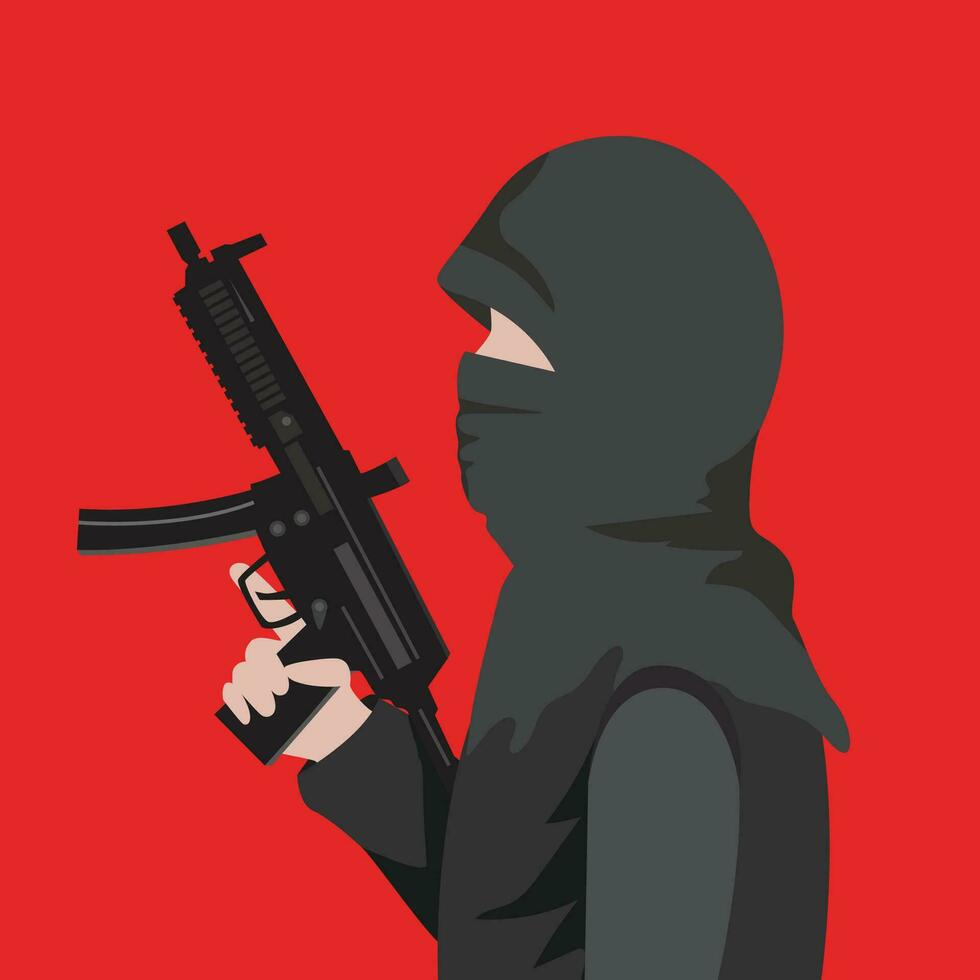 Vector illustration of terrorist with gun on red background
