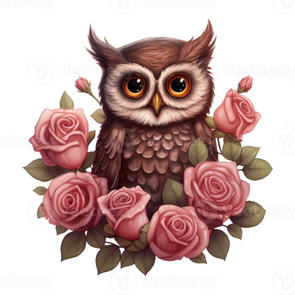 AI generated Owl Sitting on a Branch of Roses. AI Generated Image png