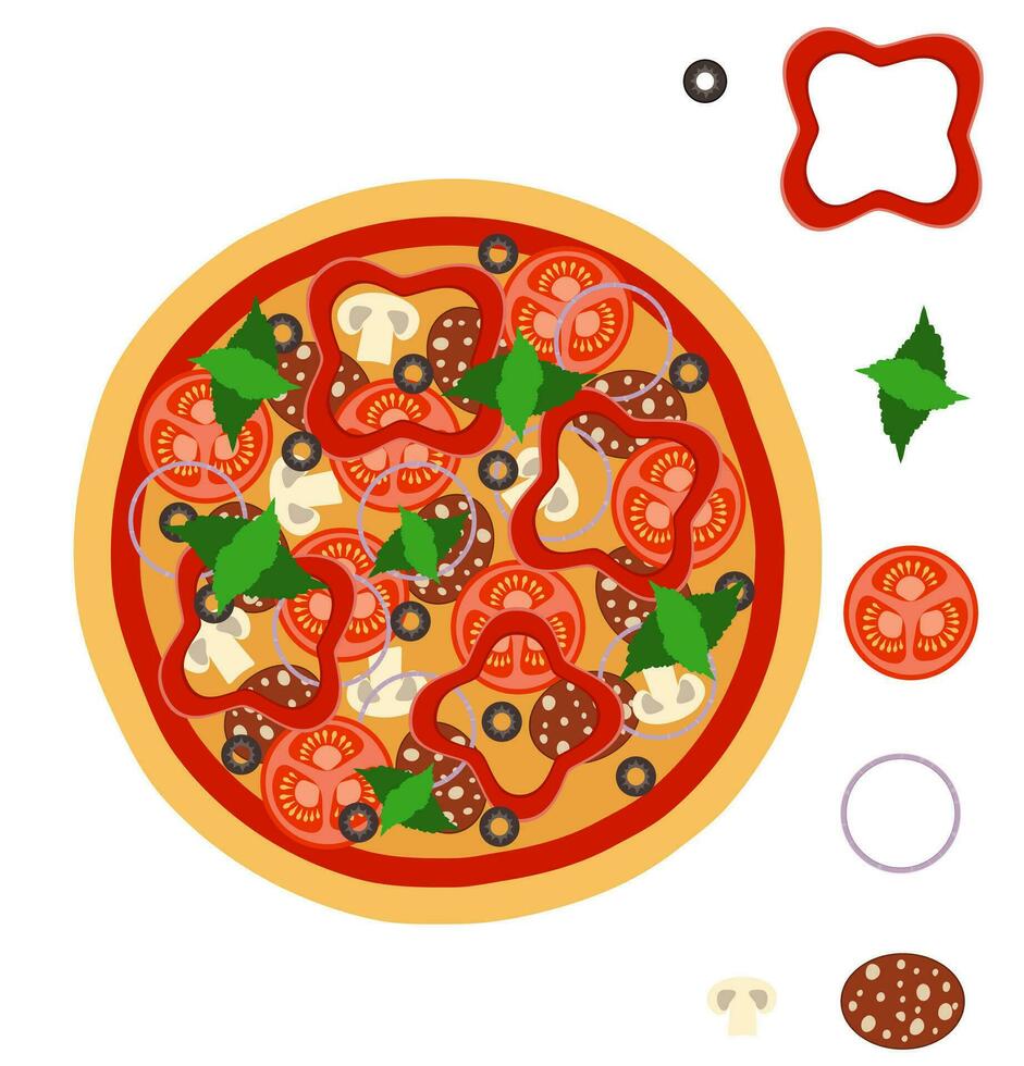 big round pizza with cheese tomato salami olive champignon onion stock vector illustration isolated on white background