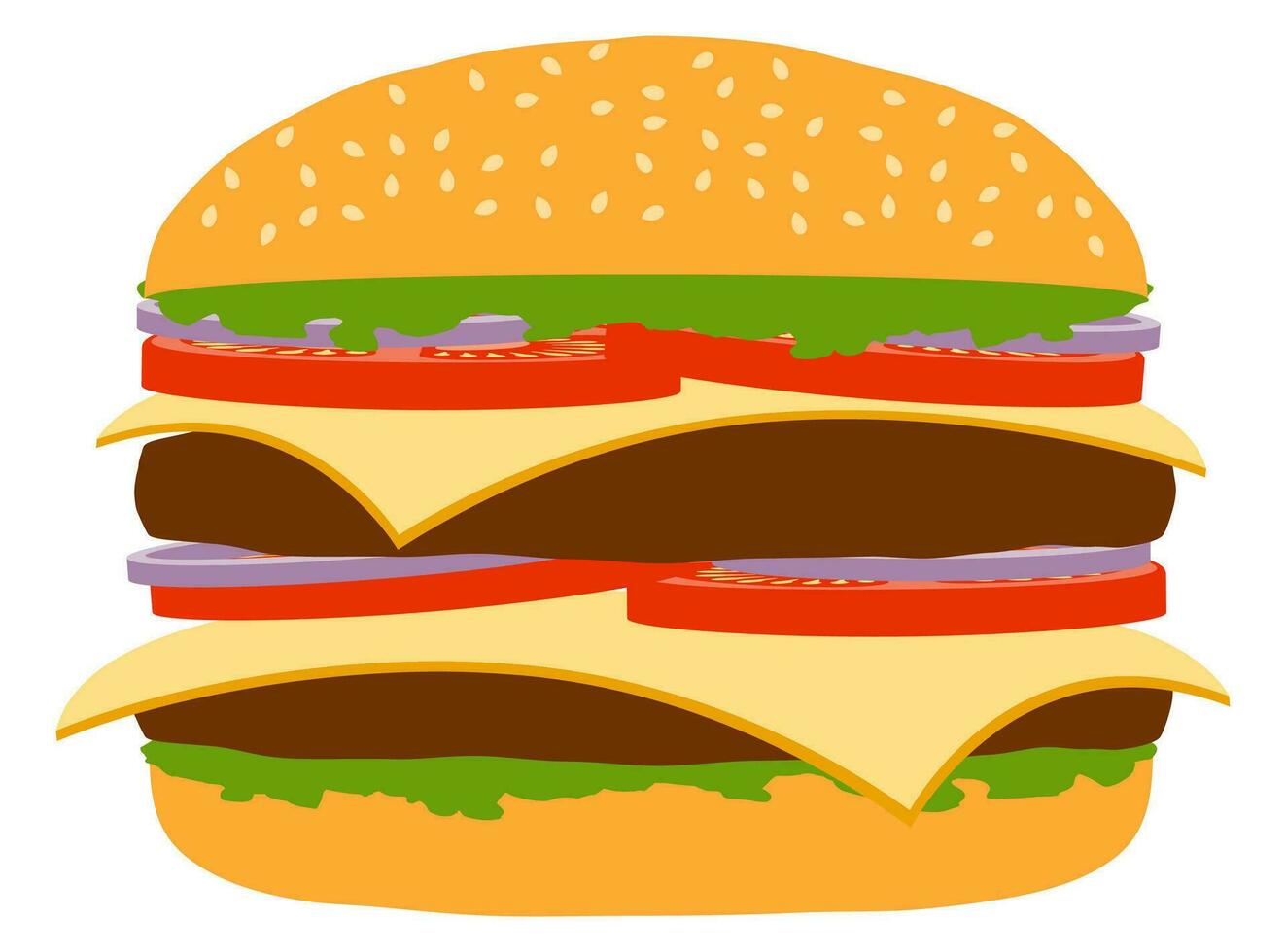 Hamburguesa clásica con chuleta de carne, tomate, cebolla y queso en una ilustración de vector de stock pan aislado sobre fondo blanco.