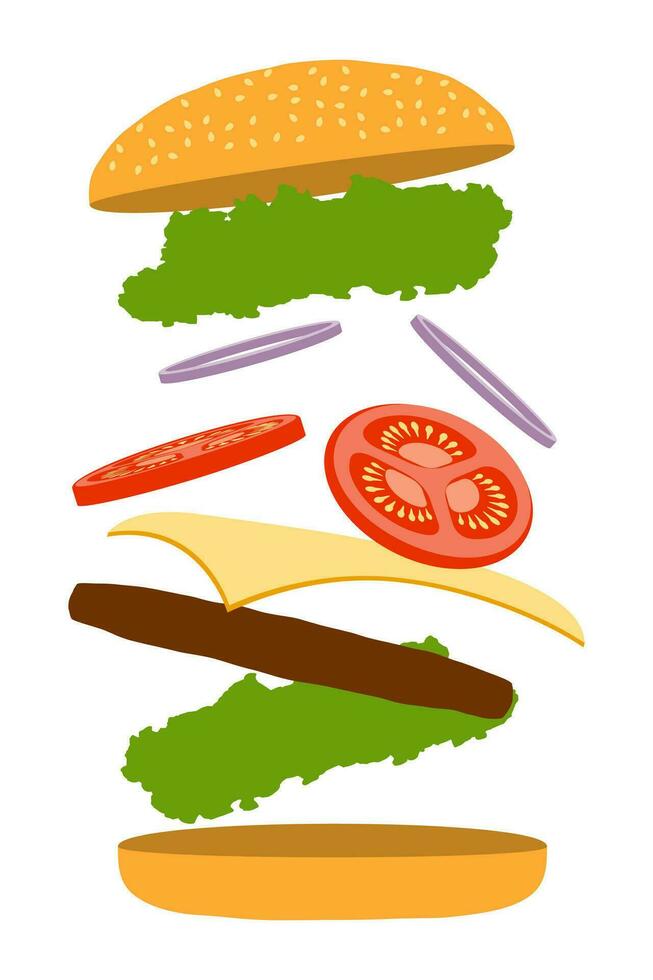 Hamburguesa clásica con chuleta de carne, tomate, cebolla y queso en una ilustración de vector de stock pan aislado sobre fondo blanco.