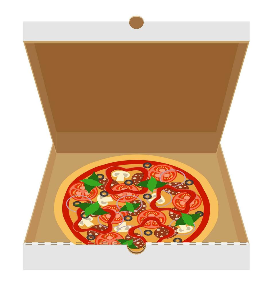 caja paquete para grande redondo Pizza con queso tomate salami aceituna champiñón cebolla valores vector ilustración aislado en blanco antecedentes