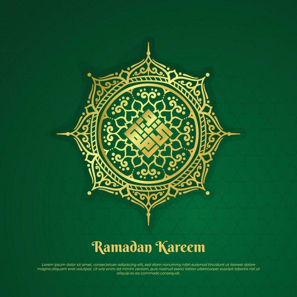 Gold Mandala with arabic calligraphy in kufi style that mean is ramadan kareem in green background vector