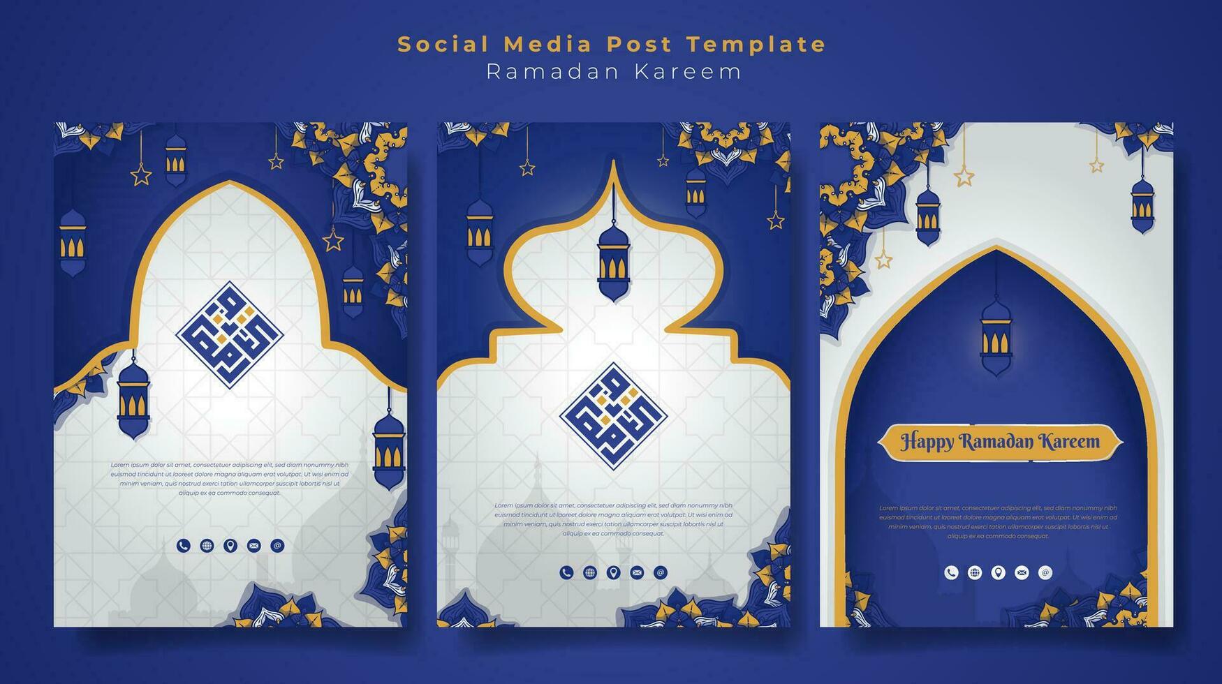 Social media post template in portrait purple white background, mandala ornament background with star and lantern, arabic text mean is ramadan kareem, good template for ramadan kareem design vector