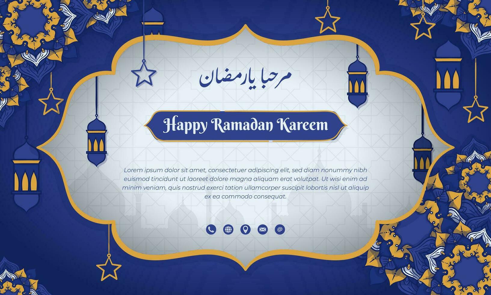 islámico antecedentes en púrpura blanco mano dibujado diseño con mándala, linterna y estrella para Ramadán kareem publicidad plantilla, Arábica texto media es Bienvenido Ramadán vector