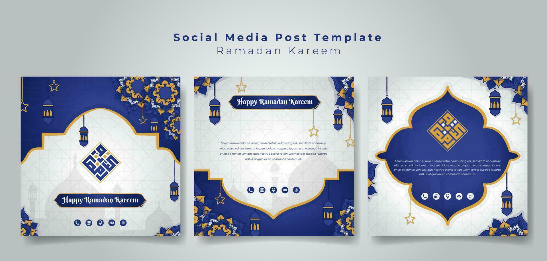 social medios de comunicación enviar modelo con mano dibujado púrpura blanco islámico fondo, Arábica texto en kufi estilo ese media es Ramadán kareem para Ramadán kareem publicidad diseño vector