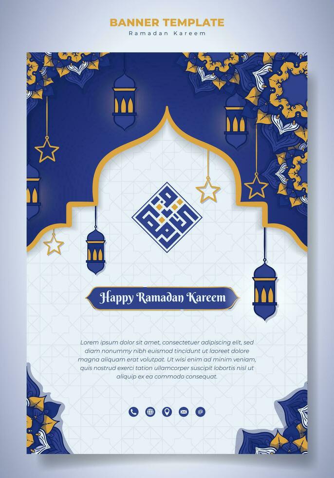 Portrait banner in purple white background with mandala ornament, lantern and star design, arabic text mean is ramadan kareem, good template for ramadan sale or campaign design vector